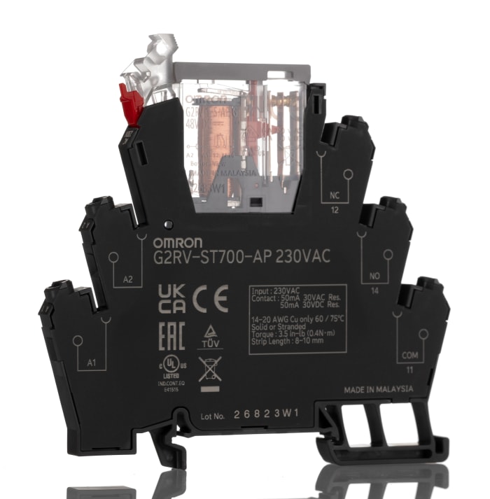 Omron G2RV-ST Series Electromechanical Interface Relay, DIN Rail Mount, 230V ac Coil, SPDT, 1-Pole, 50mA Load