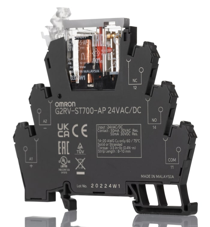 Omron G2RV-ST Series Electromechanical Interface Relay, DIN Rail Mount, 24V ac/dc Coil, SPDT, 1-Pole, 50mA Load