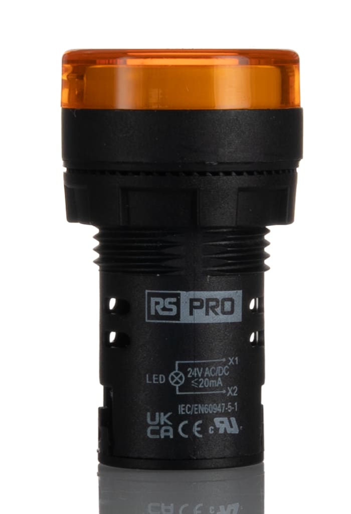 RS PRO, Panel Mount Yellow LED Pilot Light, 22 mm Cutout, IP65, Round, 24V ac/dc