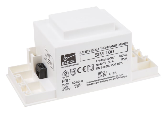 Block 100VA 2 Output Chassis Mounting Transformer, 2 x 12V ac