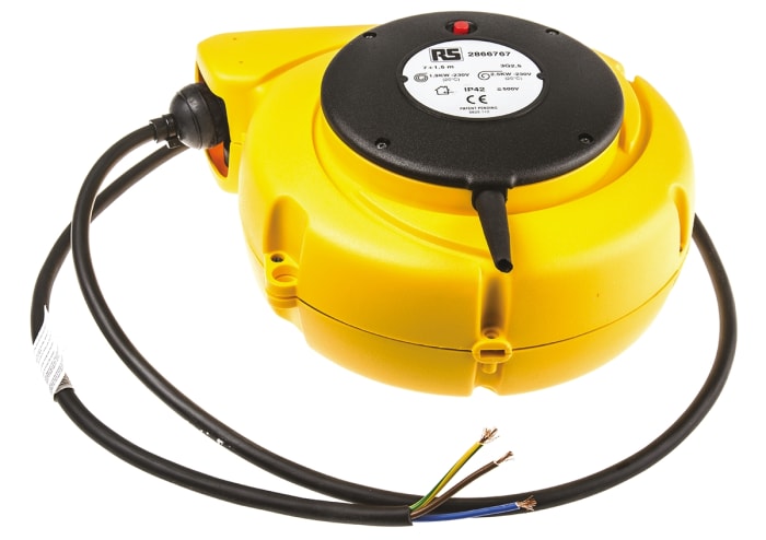 Enrollacable RS PRO, long. cable 7m, rebobinado automático, sin toma, 230 V, 10A, de PVC Negro