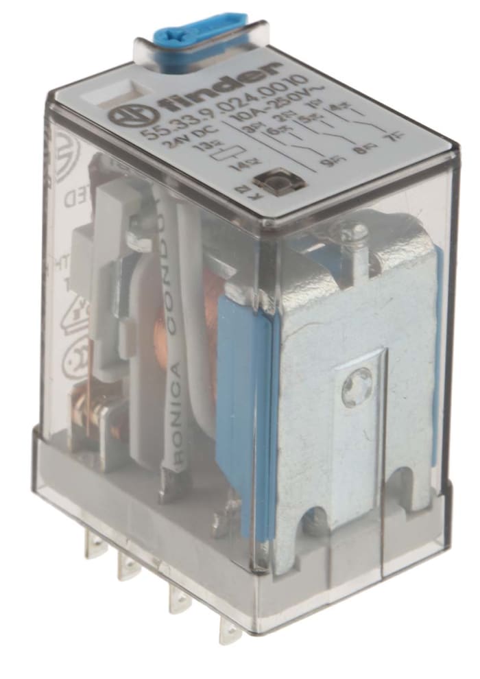 Relé sin enclavamiento Finder 55 Series de 3 polos, 3PDT, bobina 24V dc, 10A, enchufable