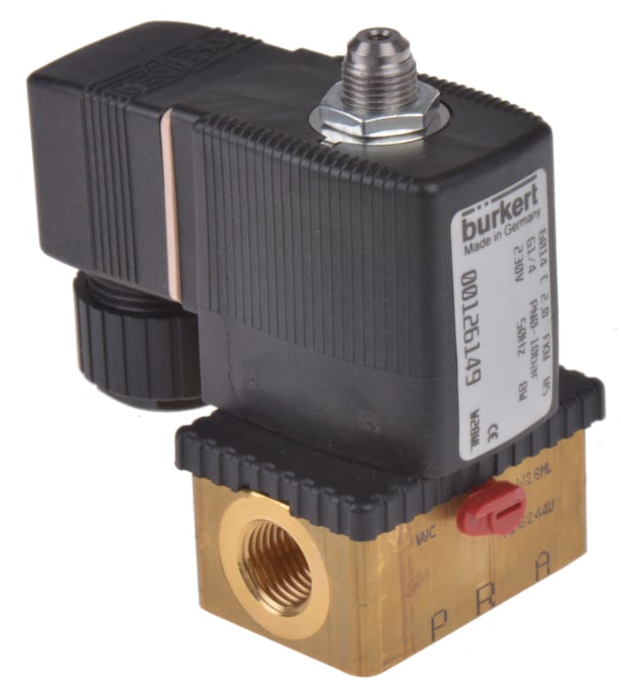 Válvula de solenoide Burkert 6014 de 3 puertos, Hembra G de 1/4 pulg., Directo, NC de 230 Vac