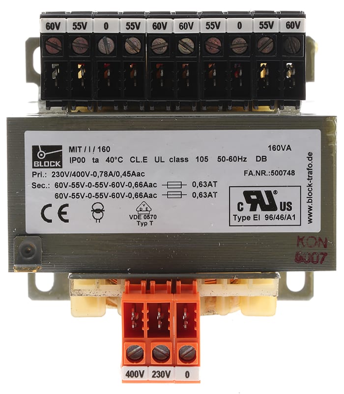 Block 160VA DIN Rail Transformer, 230V ac, 400V ac Primary, ±110V ac, ±120V ac, ±55V ac, ±60V ac Secondary