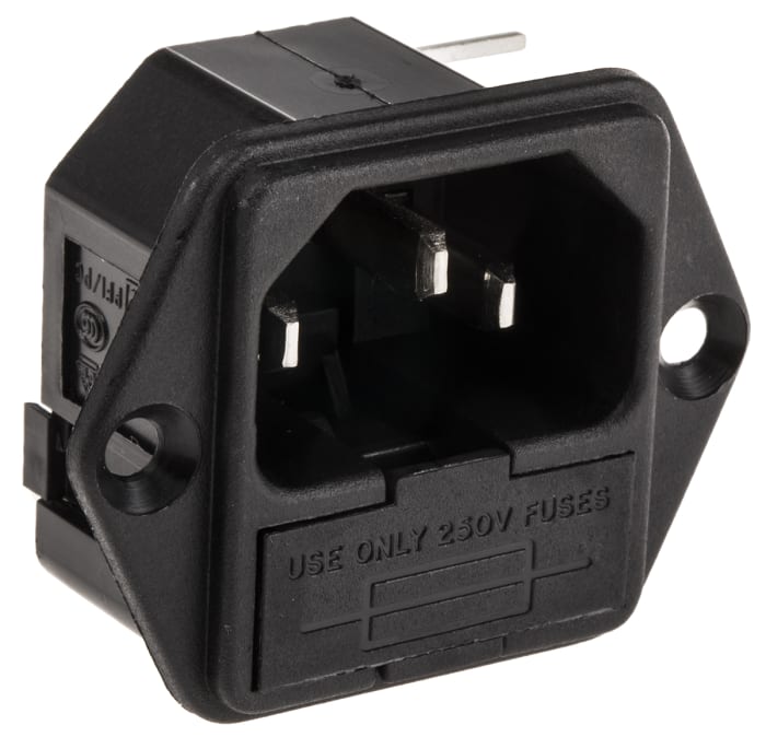 Bulgin C14 Right Angle Flange Mount IEC Connector Male, 10A, 250 V, Fuse Size 5 x 20mm