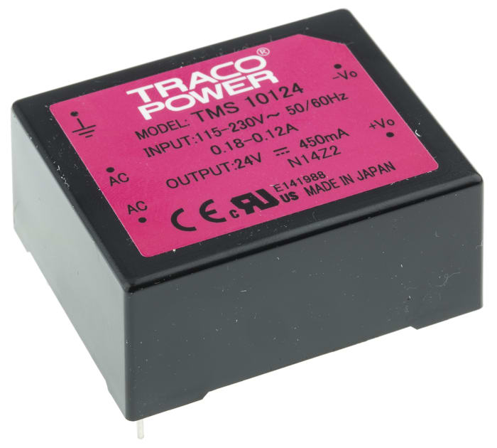 TRACOPOWER Embedded Switch Mode Power Supply SMPS, TMS 10124, 24V dc, 450mA, 10W, 1 Output, 110 → 375 V dc, 85