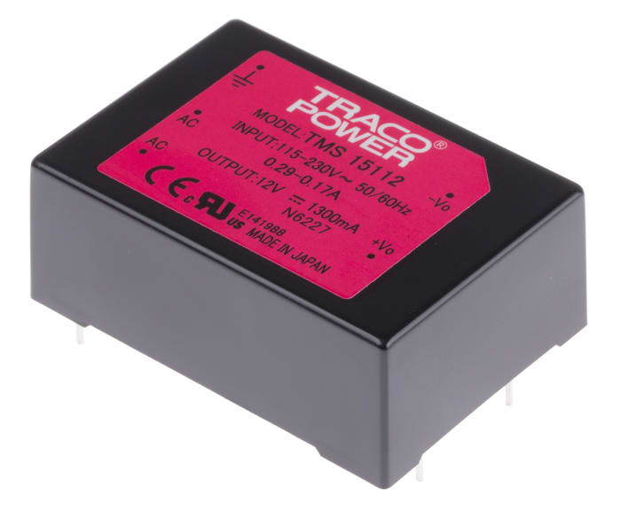 TRACOPOWER Embedded Switch Mode Power Supply SMPS, TMS 15112, 12V dc, 1.3A, 15W, 1 Output, 110 → 375 V dc, 85