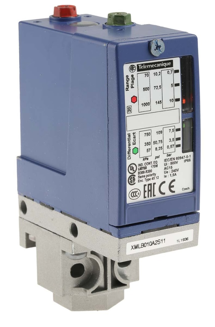 Telemecanique Sensors Pressure Sensor, 0.7bar Min, 10bar Max, Relay Output, Differential Reading
