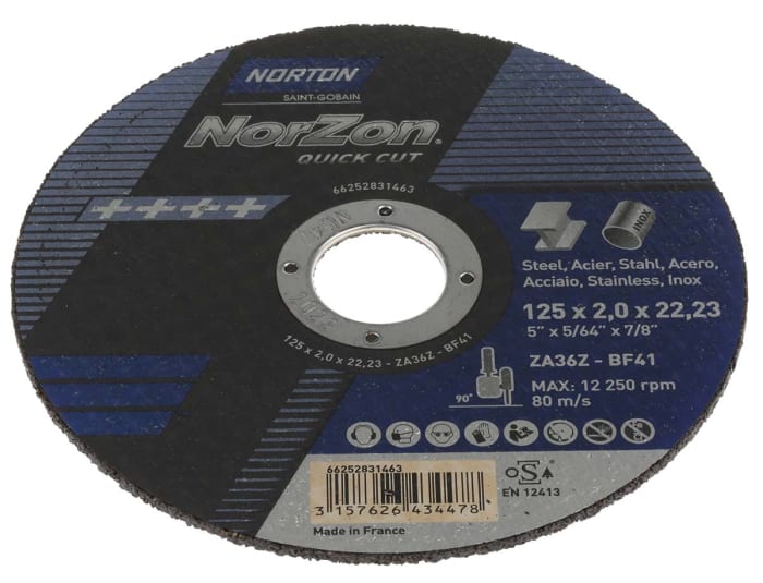Norton Cutting Disc Zirconium Cutting Disc, 125mm x 2mm Thick, P36 Grit, 5 in pack