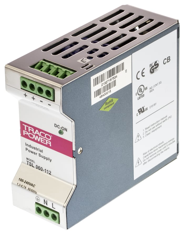 TRACOPOWER TSL Switch Mode DIN Rail Panel Mount Power Supply, 12V dc, 5A Output, 60W