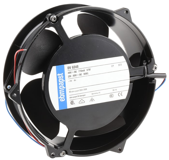 ebm-papst DV6200 Series Axial Fan, 48 V dc, DC Operation, 540m³/h, 40W, 833mA Max, 172 (Dia.) x 51mm