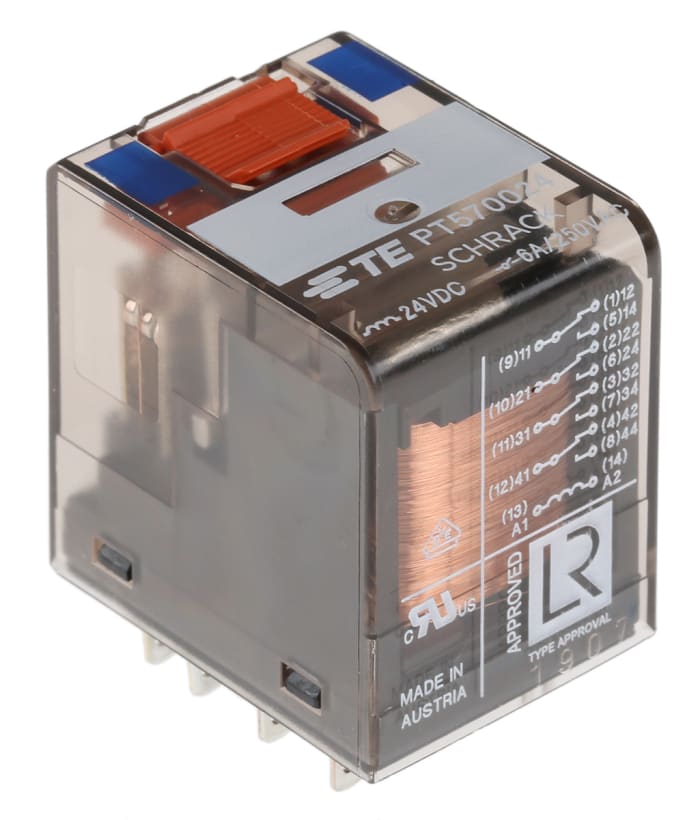 TE Connectivity Plug In Power Relay, 24V dc Coil, 6A Switching Current, 4PDT