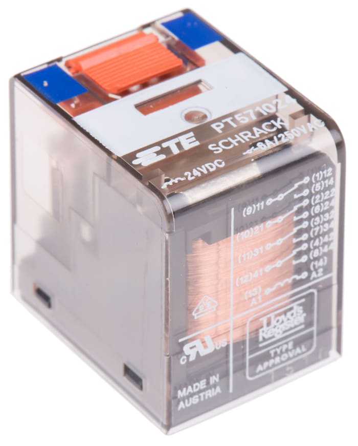 TE Connectivity PCB Mount Power Relay, 24V dc Coil, 6A Switching Current, 4PDT