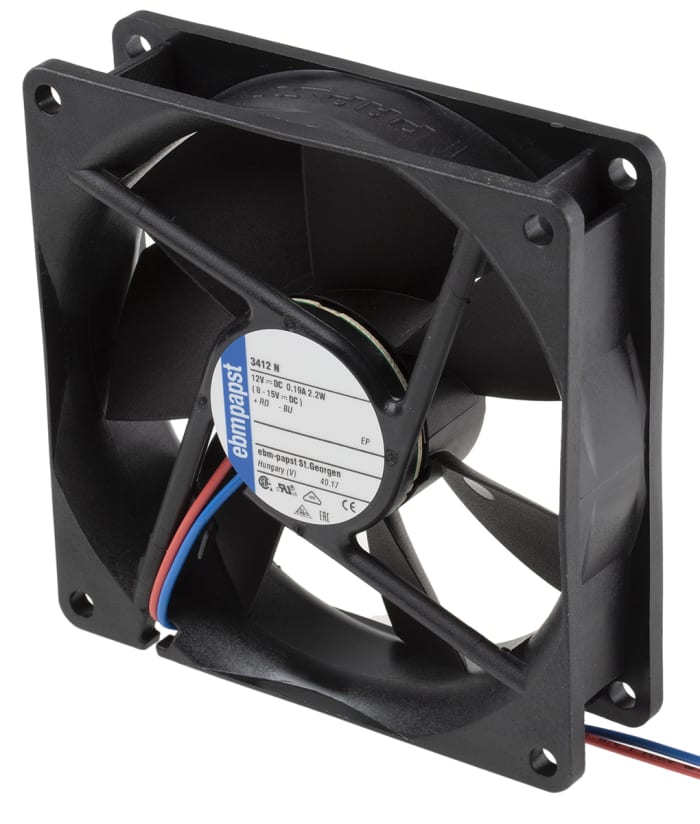 ebm-papst 3400 N Series Axial Fan, 12 V dc, DC Operation, 84m³/h, 2.2W, 180mA Max, 92 x 92 x 25mm