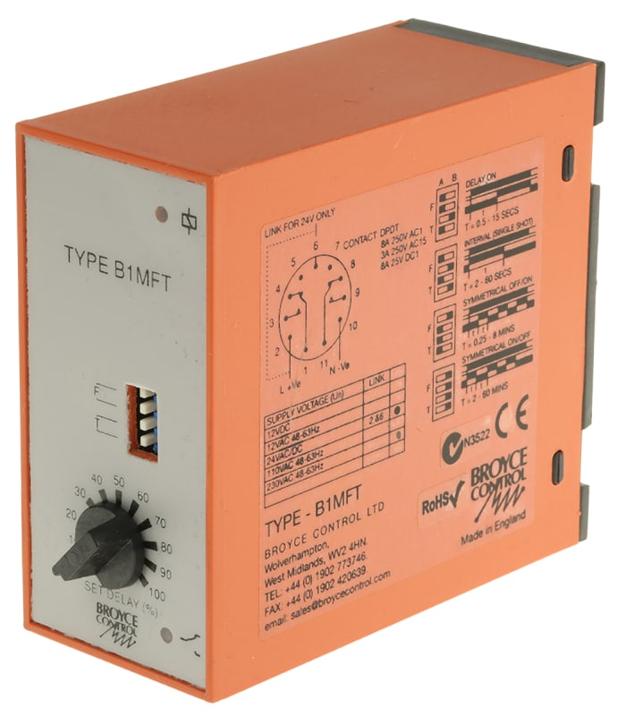 Broyce Control B1MFT Series Plug In Timer Relay, 24V ac, 2-Contact, 0.25 → 60 min, 0.5 → 60s, DPDT
