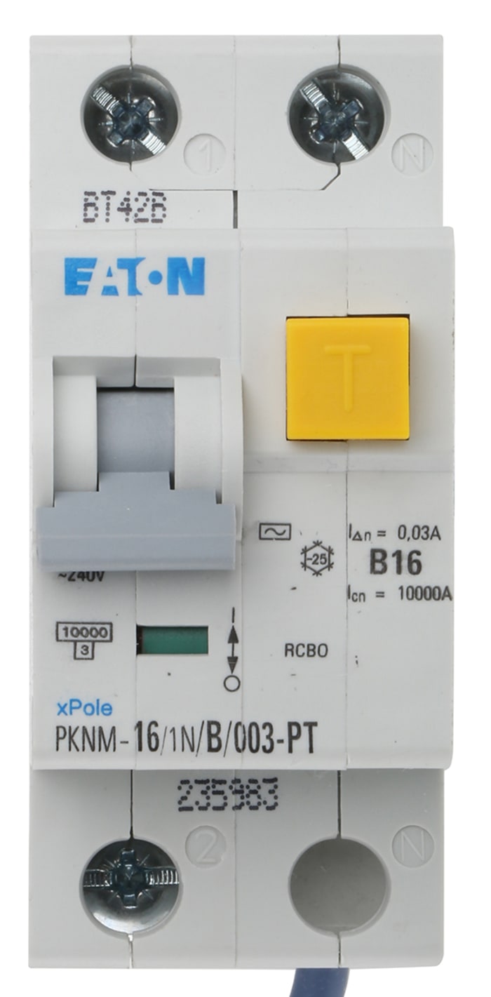 Eaton RCBO, 16A Current Rating, 1+N Poles, Type B