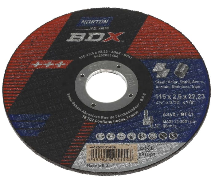 Norton Cutting Disc Aluminium Oxide Cutting Disc, 115mm x 2.5mm Thick, P36 Grit, 5 in pack