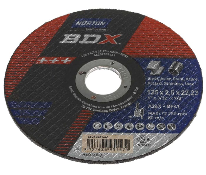 Norton Cutting Disc Aluminium Oxide Cutting Disc, 125mm x 2.5mm Thick, P36 Grit, 5 in pack