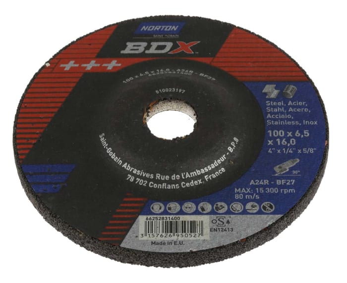 Norton Grinding Disc Aluminium Oxide Grinding Disc, 100mm x 6.5mm Thick, P24 Grit, 5 in pack
