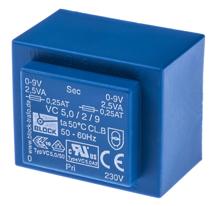 Block 9V ac 2 Output Through Hole PCB Transformer, 5VA
