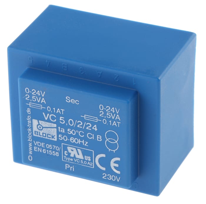 Block 24V ac 2 Output Through Hole PCB Transformer, 5VA