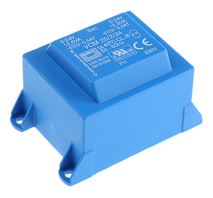 Block 24 V ac 2 Output Through Hole PCB Transformer, VDE, UL 25 VA