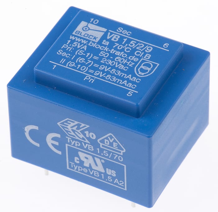 Block 9V ac 2 Output Through Hole PCB Transformer, 1.5VA