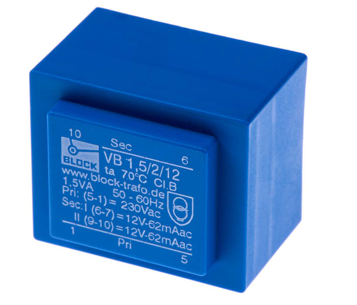 Block 12V ac 2 Output Through Hole PCB Transformer, 1.5VA