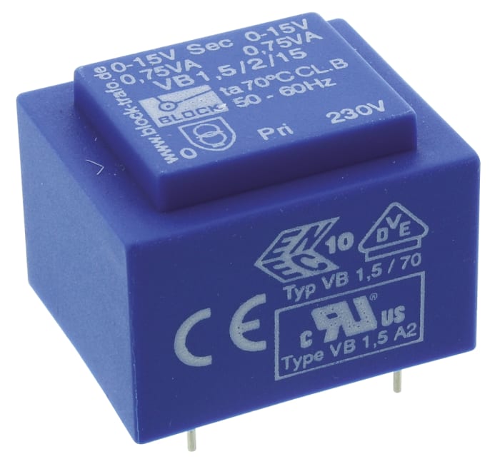 Block 15V ac 2 Output Through Hole PCB Transformer, 1.5VA