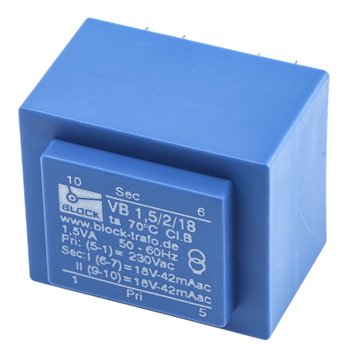 Block 18V ac 2 Output Through Hole PCB Transformer, 1.5VA