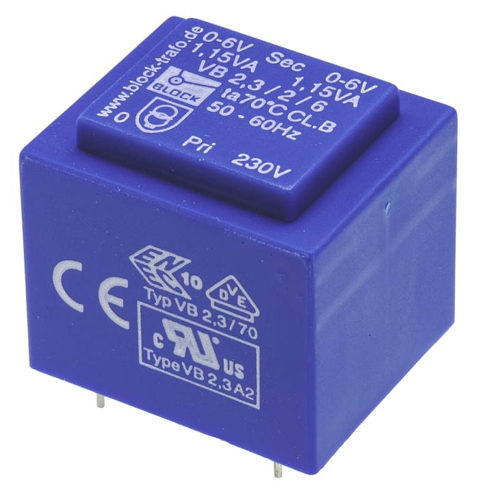 Block 6V ac 2 Output Through Hole PCB Transformer, 2.3VA