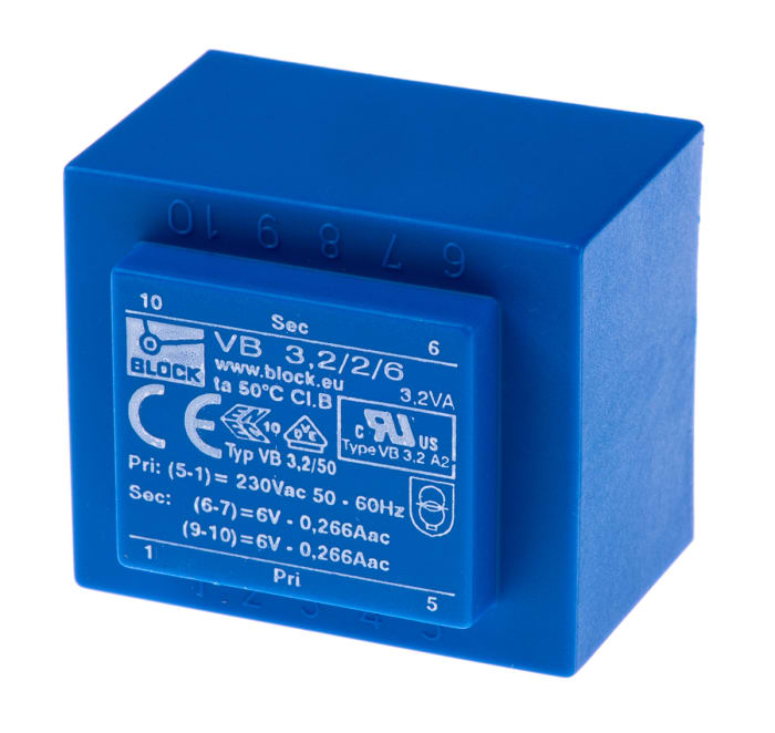 Block 6V ac 2 Output Through Hole PCB Transformer, 3.2VA