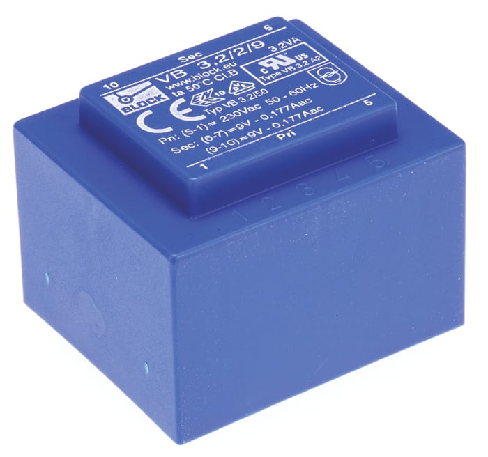 Block 9V ac 2 Output Through Hole PCB Transformer, 3.2VA