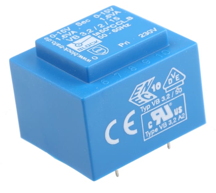 Transformateur pour circuit imprimé Block, 15V c.a., 230V c.a., 3.2VA, 2 sorties
