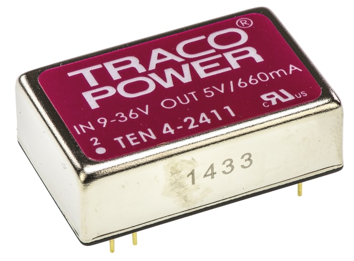 TRACOPOWER TEN 4 DC-DC Converter, 5V dc/ 660mA Output, 9 → 36 V dc Input, 3.3W, Through Hole, +75°C Max Temp