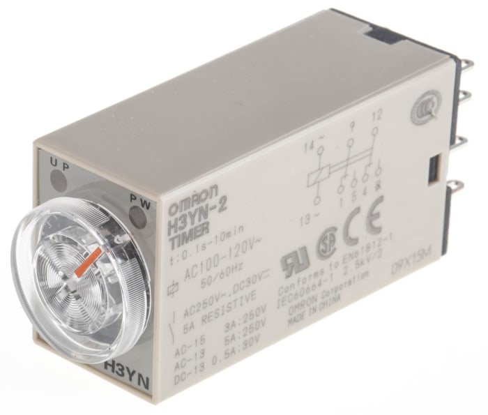 Omron H3YN Series DIN Rail, Panel Mount Timer Relay, 100 → 120V ac, 2-Contact, 0.1 s → 10min