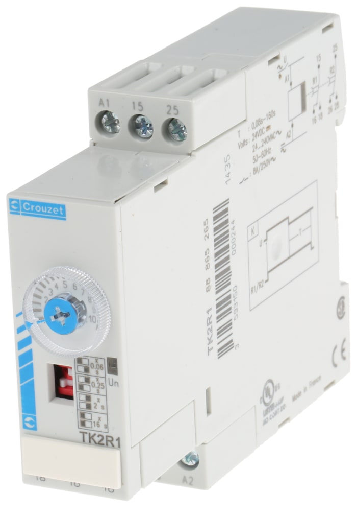 Crouzet DIN Rail Mount Timer Relay, 24 V dc, 24 → 240V ac, 2-Contact, 0.6 → 160s, 1-Function, DPDT