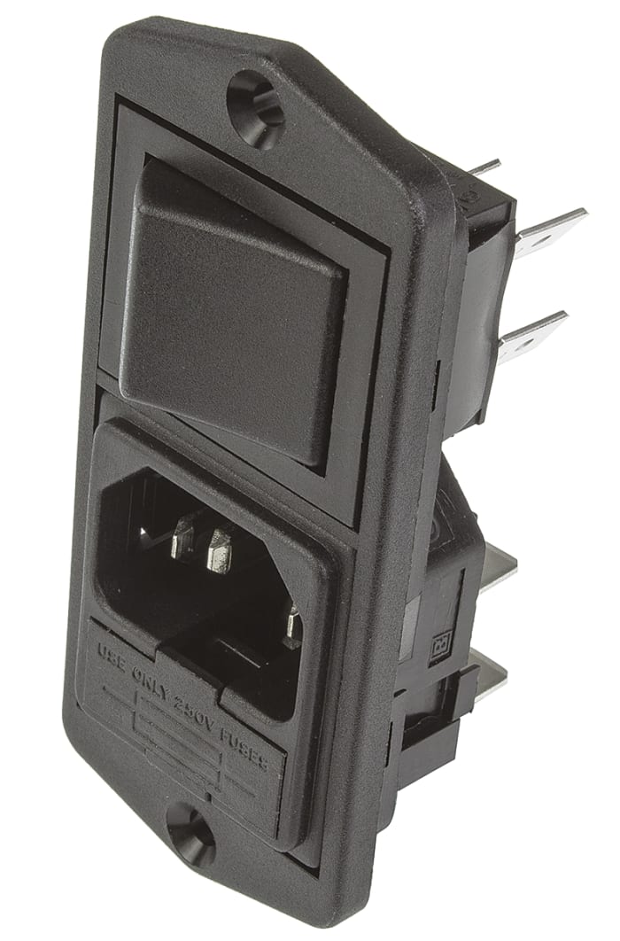 Bulgin C14 Flange Mount IEC Connector Male, 10A, 250 V, Fuse Size 5 x 20mm