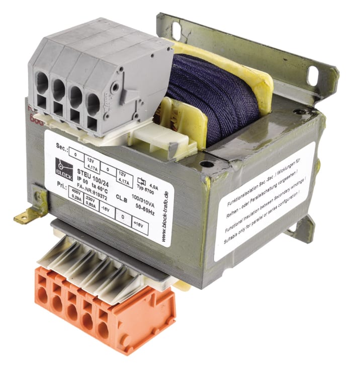 Transformateur à montage sur châssis, Vin 230/400V c.a., Vout 2 x 12V c.a., 2 sorties, 100VA