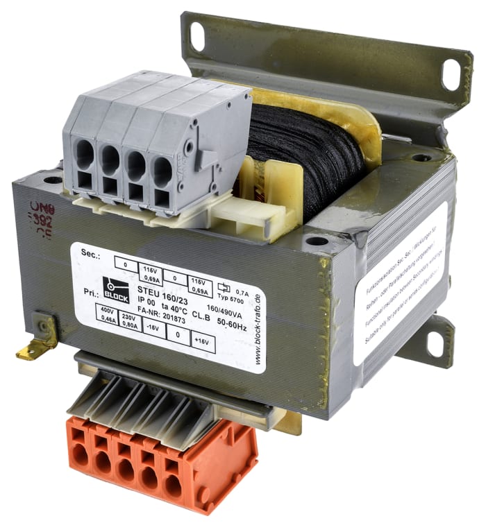 Block 160VA İzolasyon Trafosu, 215V ac, 230V ac, 245V ac, 385V ac, 400V ac, 415V ac (Birincil), 2 Çıkışlı