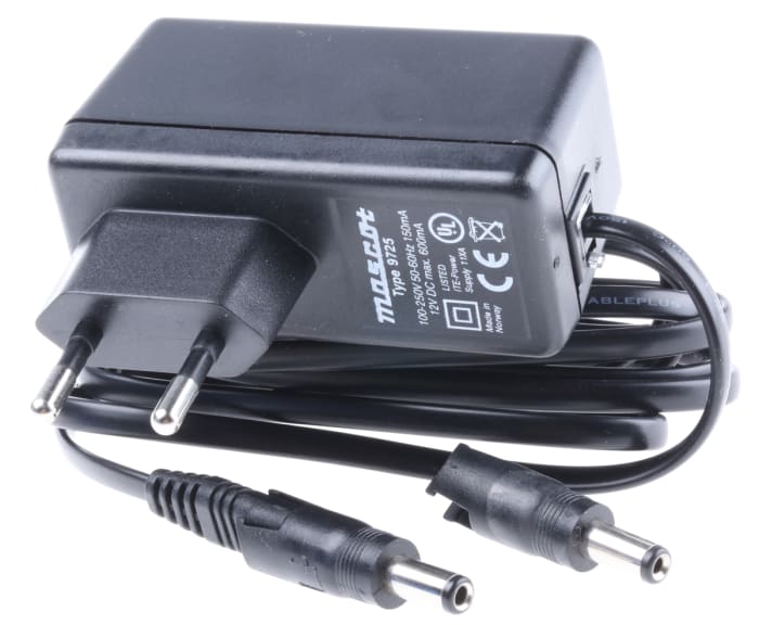 Mascot 7.2W Plug-In AC/DC Adapter 12V dc Output, 600mA Output