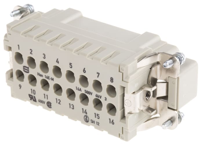 Conector de alimentación Macho Recto Harting Han E 16 pines 2 filas, 16A, 500 V, tamaño 16 A