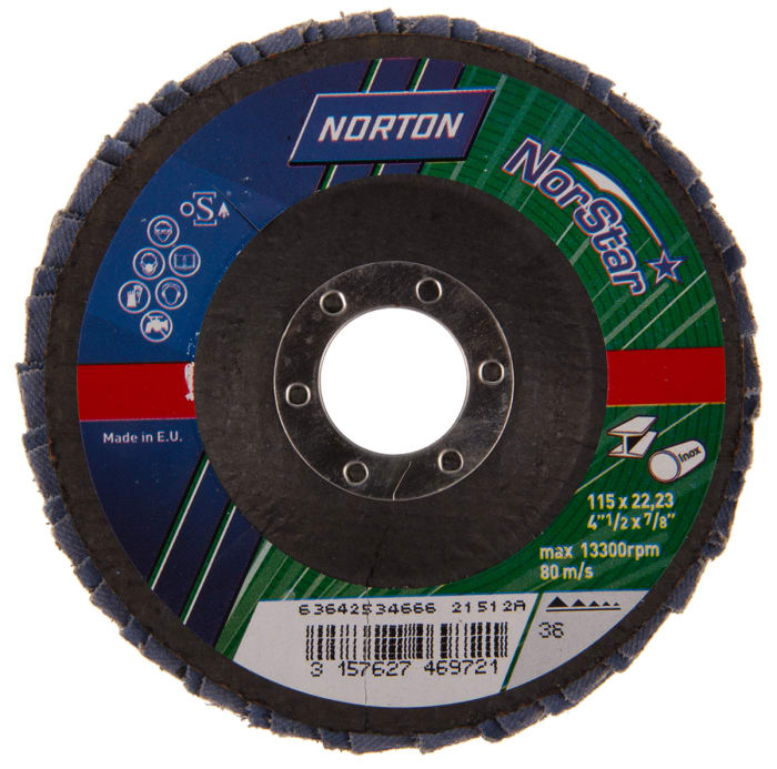 Norton Zirconium Dioxide Extra Coarse Flap Disc, 36 Grit, 13500rpm, 115mm x 22mm Bore