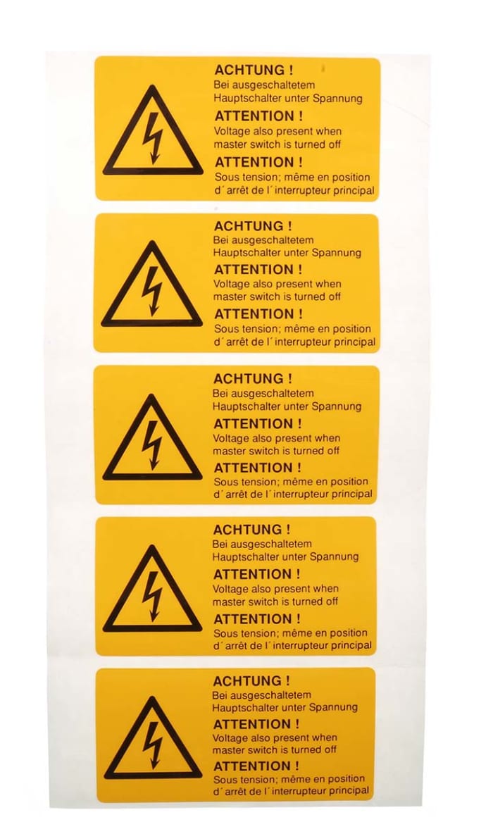 Idento Yellow PVC Safety Labels, ACHTUNG! Bei ausgeschaltetem Hauptschalter unter Spannung; ATTENTION! Voltage also