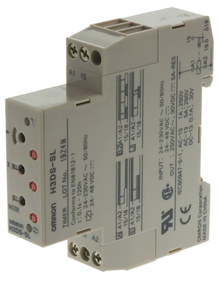 Omron H3DS Series DIN Rail Mount Timer Relay, 24 → 230V ac, 1-Contact, 0.1 s to 120 h, SPDT