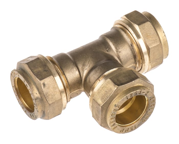 721007 Pegler Yorkshire, Pegler Yorkshire Brass Pipe Fitting, Tee  Compression Equal Tee, Female to Female 15mm, 369-1659