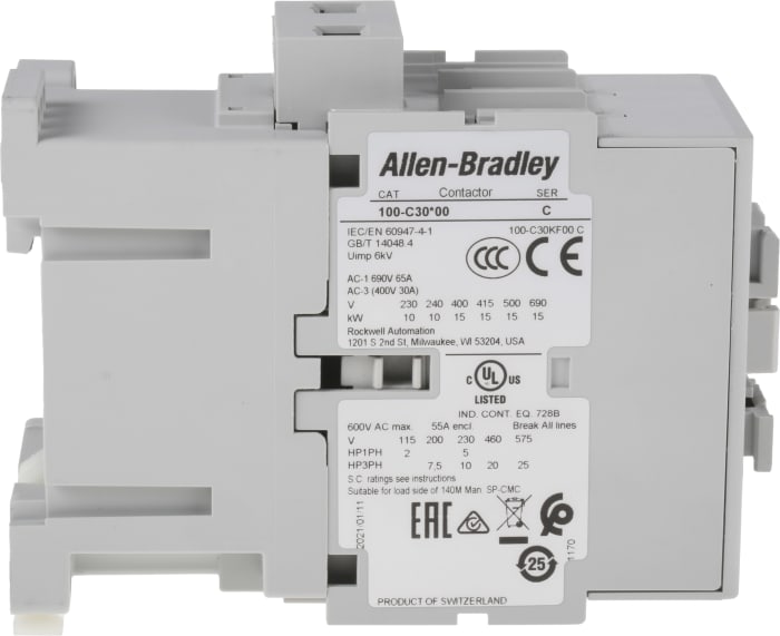 100-C30KF00 Allen Bradley, Allen Bradley 100C Series Contactor, 230 V ac  Coil, 3-Pole, 30 A, 15 kW, 3NO, 690 V ac, 369-1867