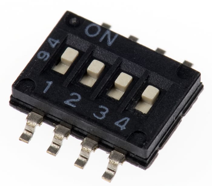 Interruptor DIP, SPST, Montaje superficial, Actuador Deslizante, 25 mA a 24 V dc, 4 vías, -40 → +85°C