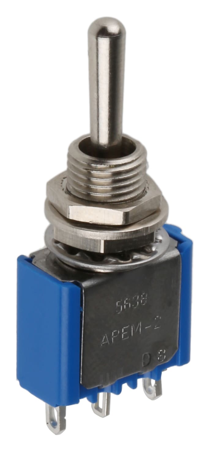 APEM Toggle Switch, Panel Mount, On-Off-(On), SPST, Solder Terminal