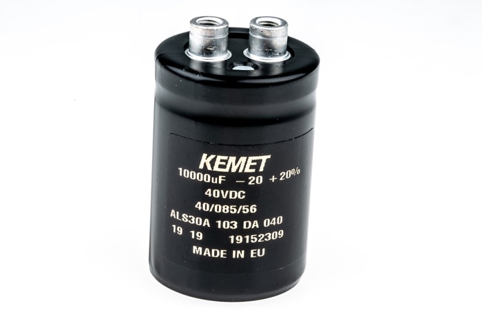 Kondenzátor, řada: ALS30 10000μF ±20% 23mΩ 40V dc, Šroubová svorka Hliníkové elektrolytické KEMET